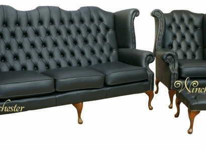 Black Chesterfield Leather Sofa Set Upholstery 3+1 Seater Wingback Chair